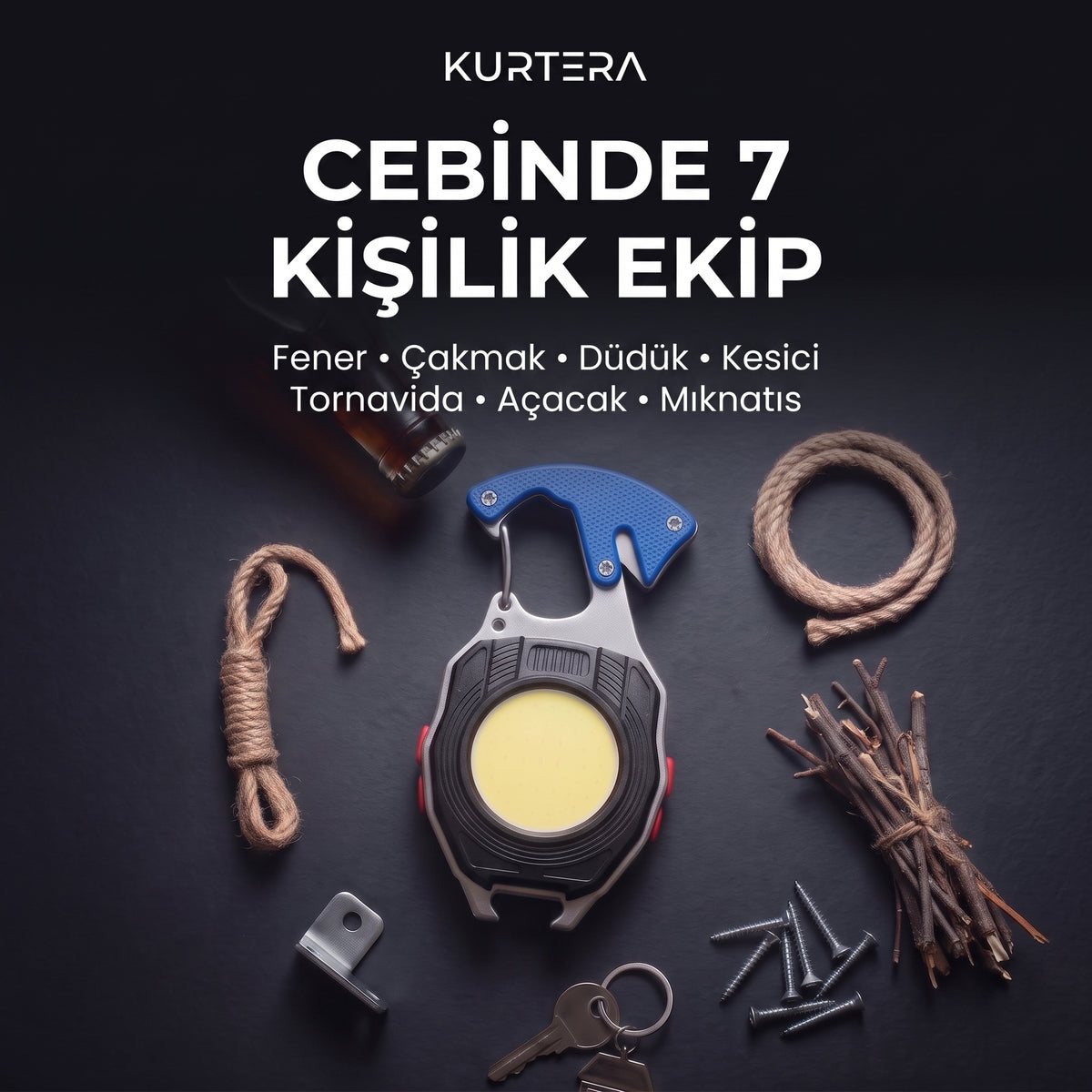 Kurtera anahtarlık feneri — fener, çakmak, düdük, kesici, tornavida, açacak ve mıknatıs bir arada